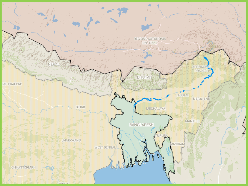 Rrjedhja e lumit në; Kinë, Indi dhe Bangladesh.